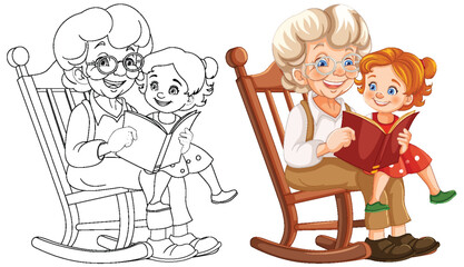 Colorful vector of grandma reading to a young child.