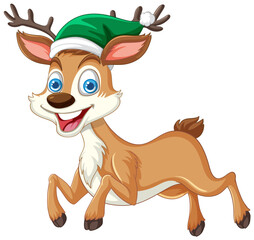Cartoon reindeer wearing a green Christmas hat.