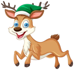 Gordijnen Cartoon reindeer wearing a green Christmas hat. © GraphicsRF