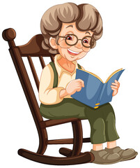 Elderly woman smiling while reading in a rocking chair.