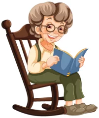 Poster Elderly woman smiling while reading in a rocking chair. © GraphicsRF
