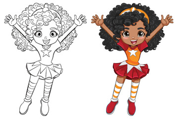 Colorful and black and white cartoon girl cheering.