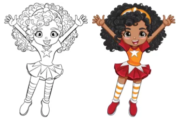 Cercles muraux Enfants Colorful and black and white cartoon girl cheering.