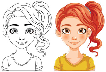 Vector transformation of a girl from line art to color