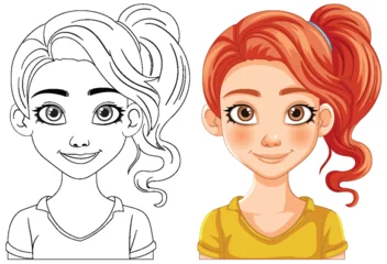 Poster Enfants Vector transformation of a girl from line art to color