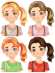 Four illustrated girls with different hairstyles and tops.