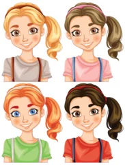 Photo sur Plexiglas Enfants Four illustrated girls with different hairstyles and tops.