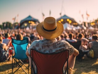 A man wearing a straw hat sits in a red chair in a grassy field. The scene is lively with many people around him, and the atmosphere is relaxed and fun
