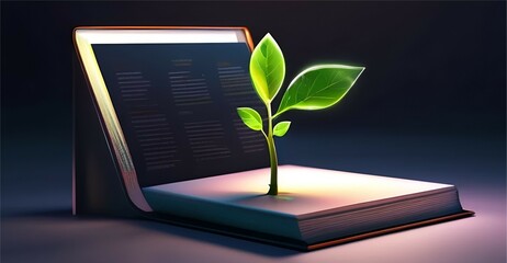 A digital futuristic book concept with a sprout growing from it .Modern illustration on a dark night background with light neon effects .