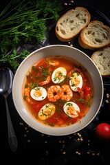 A bowl of soup with shrimp and eggs sits on a table with bread and a spoon. The soup is red and has a lot of vegetables in it