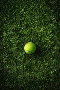 A tennis ball is sitting on a green grass field. The ball is the only object in the image