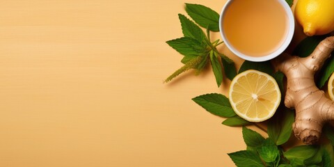 A bowl of tea and a lemon and ginger on a table. Concept of relaxation and wellness, as the ingredients are commonly used in teas and are known for their health benefits