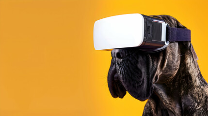 Pet dog wearing virtual reality (VR) goggles. Yellow background. Space for copy. - obrazy, fototapety, plakaty