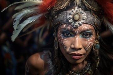 A woman with a headdress and face paint is the main focus of the image. The woman's face is painted with white and blue designs, and she is wearing a headdress. Concept of cultural pride - obrazy, fototapety, plakaty