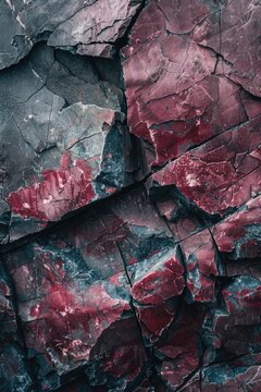 A rock with a red and blue pattern. The rock is rough and has a lot of cracks