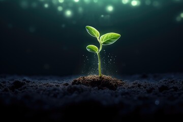 A small green plant is growing in the dirt. The image has a moody, mysterious feel to it, as if the plant is growing in a dark, shadowy environment