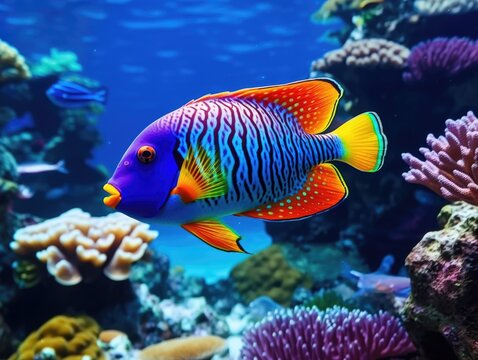 A colorful fish swimming in the ocean. The fish is surrounded by coral and other sea creatures. Concept of vibrancy and life in the ocean