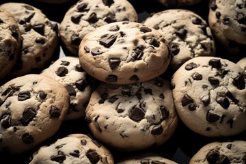 A pile of chocolate chip cookies. The cookies are piled on top of each other. The cookies are all different sizes