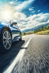 A blue car is driving down a road with mountains in the background. Scene is calm and peaceful, with the car driving smoothly down the road © vefimov