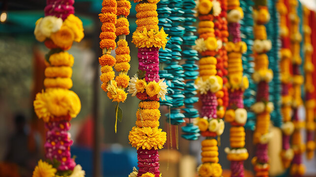 Vivid strands of marigold and jasmine garlands hanging decoratively at an outdoor market