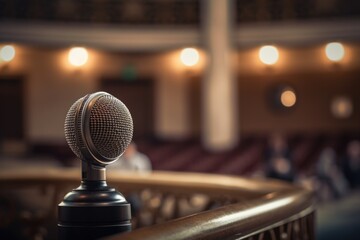 A microphone is sitting on a railing in a room. The microphone is surrounded by a lot of light,...