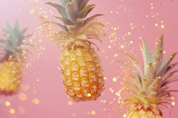 pineapples covered in golden glitter flying against pink sky