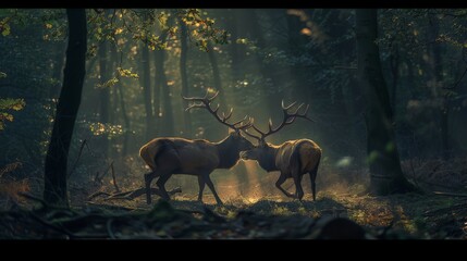 Two stag in the forest during a rut season, staring at camera
