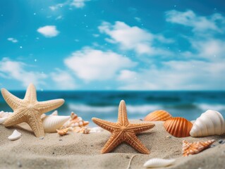 Fototapeta na wymiar A beach scene with two starfish and a variety of shells. Scene is peaceful and serene, with the ocean and sand creating a calming atmosphere