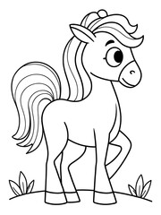 Coloring page: cartoon horse with a smiling expression Vector black outline art for kids