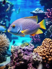 Fototapeta na wymiar A fish with yellow fins swims in a tank with coral and other fish. The fish is surrounded by a variety of colors and textures, creating a vibrant and lively scene