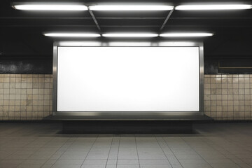 A large white billboard sits in a subway station