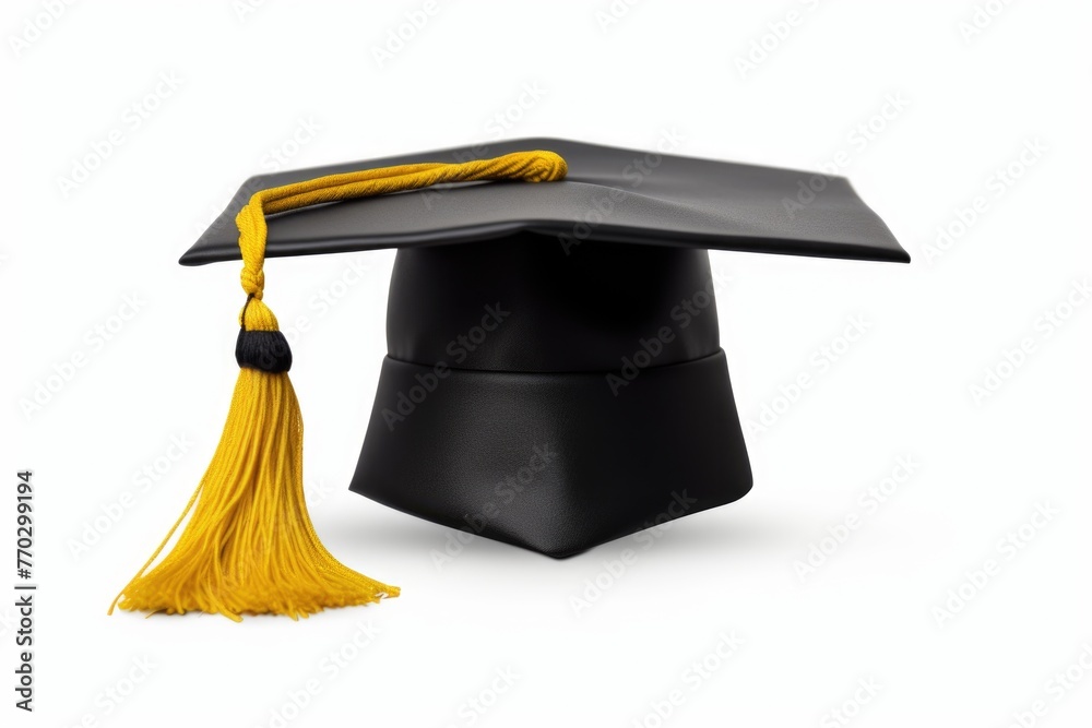 Canvas Prints A black graduation cap with a yellow tassel. The cap is sitting on a white background