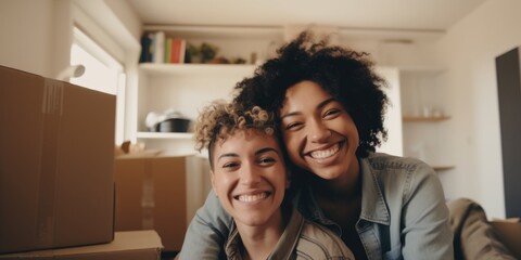 Two women are smiling and hugging each other in a room with boxes. Scene is happy and friendly