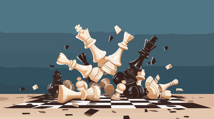 White and black chess pieces falling on wooden ches