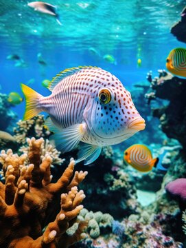 A fish with a yellow stripe on its body is swimming in a tank with other fish. The tank is filled with colorful coral and rocks
