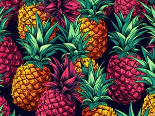 A colorful painting of a bunch of pineapples. The painting is full of vibrant colors and has a tropical vibe
