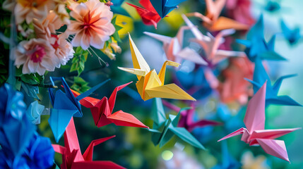 A multitude of brightly colored origami cranes represent hope, peace, and traditional Japanese culture in a playful setting