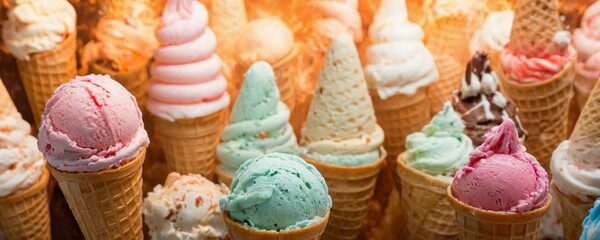 Colorful ice cream in waffle cones, close-up. - obrazy, fototapety, plakaty
