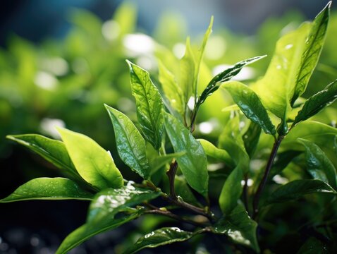 A lush green plant with leaves that are wet. The leaves are green and shiny, and they are arranged in a way that creates a sense of depth and dimension. The image conveys a feeling of freshness
