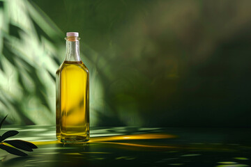 A minimalist illustration of a single transparent bottle of an olive oil on the beautiful wall background with a place for text. An olive oil bottle in a big room for mockup, no label.