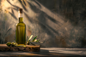 A one transparent bottle of a gold olive oil with branches with olive leaves  and fresh olives with a  space for copy text, an olive oil bottle on the table in minimalist style for mockup, no labels