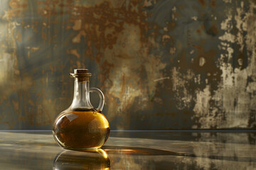 A one bottle of transparent virgin olive oil in minimalist style with a lot of space for copy paste text,  an olive oil bottle on the table and with a soft beautiful light and reflections and shadows