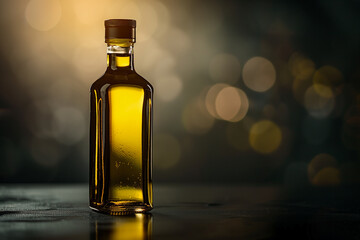 A minimalist illustration of a single transparent bottle of an olive oil on the beautiful wall background with a place for text. An olive oil bottle in a big room for mockup, no label.