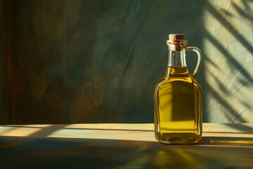 A one bottle of transparent virgin olive oil in minimalist style with a lot of space for copy paste text,  an olive oil bottle on the table and with a soft beautiful light and reflections and shadows - obrazy, fototapety, plakaty