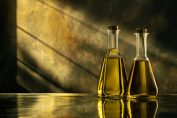 Two bottles of olive oil on the table in a big empty room, a lot of space for copy text for your company and the product advertisement - obrazy, fototapety, plakaty