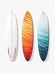 Three surfboards with different colors and designs. The surfboards are orange, blue, and white