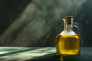 A one bottle of transparent virgin olive oil in minimalist style with a lot of space for copy paste text,  an olive oil bottle on the table and with a soft beautiful light and reflections and shadows