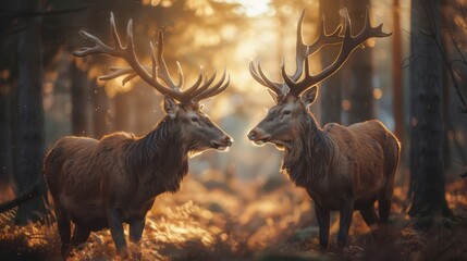 Two stag in the forest during a rut season, staring at camera
