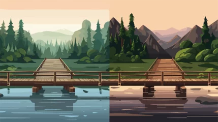 Fotobehang Wooden and Metal Bridge as Road Over Water Vector  © iclute3