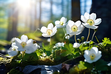 white flowers in the garden Beautiful white flowers of anemones in spring in a forest close-up in sunlight in nature. Spring forest landscape with flowering primroses. - obrazy, fototapety, plakaty